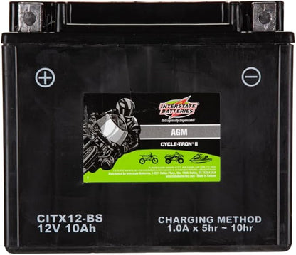 Interstate Batteries YTX12-BS 12V 10Ah Powersports Battery 175CCA AGM Rechargeable Replacement for Honda, Kawasaki, Suzuki Motorcycles, Scooters, Bikes, ATVs, UTVs (CITX12-BS)
