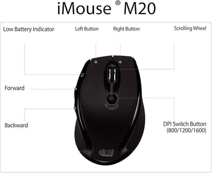 Adesso iMouse M20B - Wireless Ergonomic Optical Mouse, Black