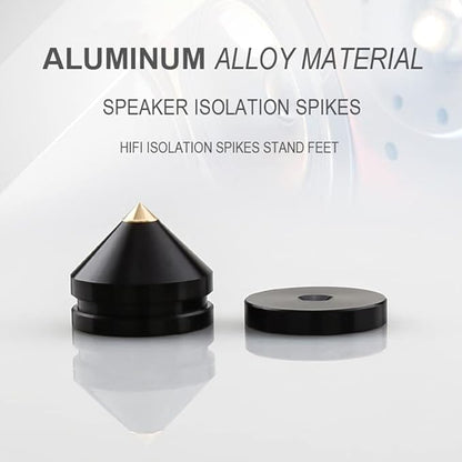 4Pcs Speaker Isolation Spikes Floor Protectors Shockproof Speaker Isolation Spikes with Base Pad for Speaker,Subwoofer,Amplifier,Turntable,Recorder CD DAC with 3m Adhesive (Black)