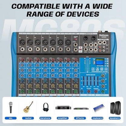 Professional Audio Mixer, 8 Channel, Input 48V Phantom Power Stereo Digital USB Bluetooth MP3 Computer Input, Build-in 16 Effect DSP, for Recording, Live Streaming, Podcasting MG80S