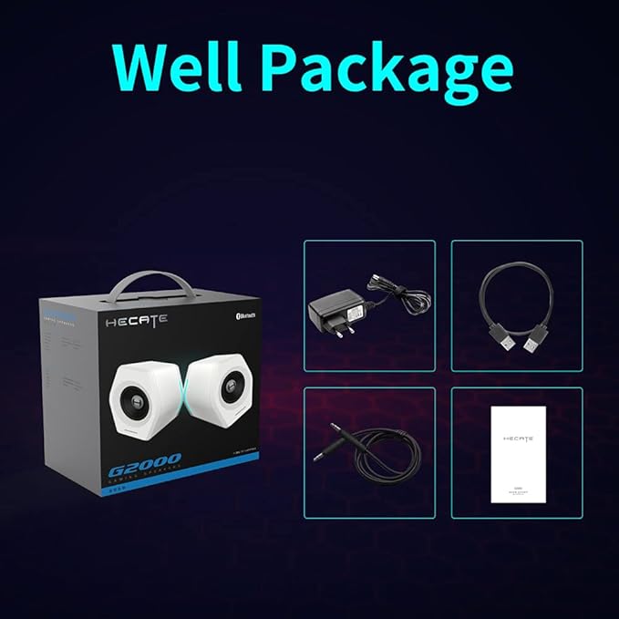 G2000 32W PC Computer Speakers for Gaming Desktop PC Laptop Mac Computer Woofer Speakers Bluetooth USB 3.5mm AUX Inputs RGB Lights Multimedia Speakers White