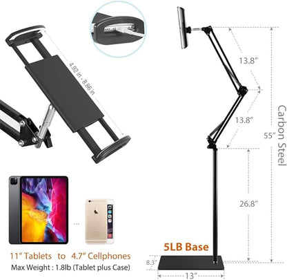 Tablet Floor Stand with 5LB Metal Base, Overhead Bed Phone Stand Angle Height Adjustable Holder, Universal Floor Stand Compatible with iPhone iPad Pro Air Mini, Samsung Tab, Kindle, E-Readers…