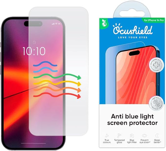 Ocushield Anti Blue Light Tempered Glass Screen Protector of iPhone 14 Pro (6.1") – Blocks Blue Light, Prevents Eye Strain & Helps You Sleep Better, 9H Hardness & Case Friendly