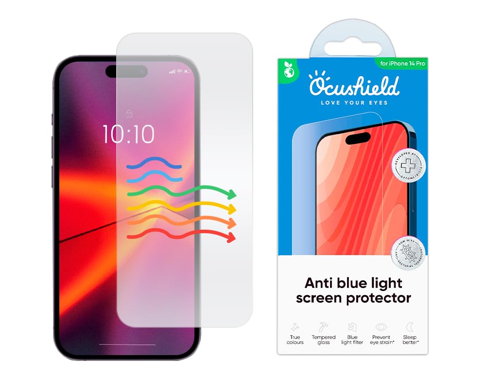 Ocushield Anti Blue Light Tempered Glass Screen Protector of iPhone 16 Plus (6.7")– Blocks Blue Light, Prevents Eye Strain & Helps You Sleep Better, 9H Hardness & Case Friendly