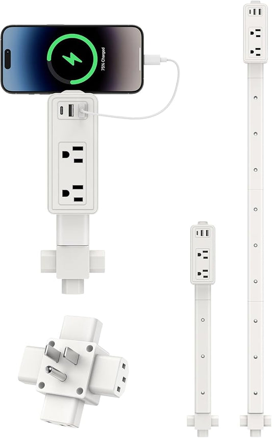 Outlet Extender Stick, 360° Rotatable Plug Expander with 2AC Outlets, 2USB-A, USB-C, 9"-36" Extendable Wall Plug for Hard-to-Reach Areas Behind Couch, Nightstands, Bed & Furniture, Dorm Essentials