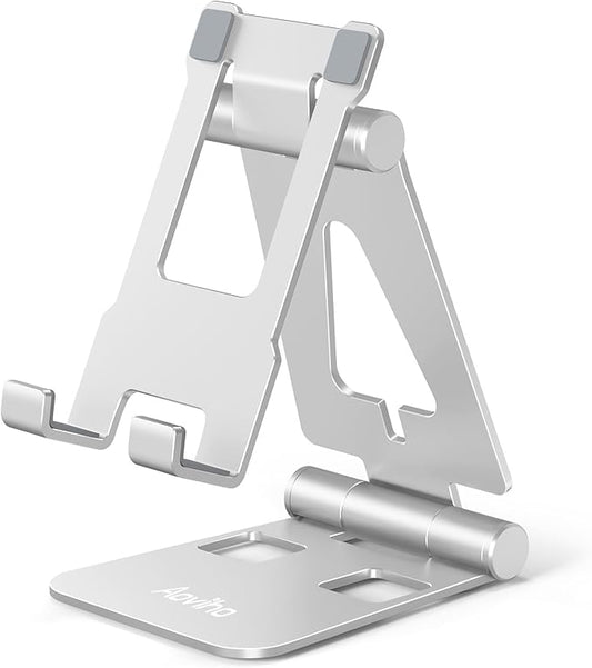 Aoviho Cell Phone Stand for Desk, Adjustable Desktop Phone Holder Stand, Foldable Moblie Phone Dock for iPhone 17 16 15 Pro Xs Max Xr X 8 7 6 5 5s SE Nintendo Switch All Phones, Silver
