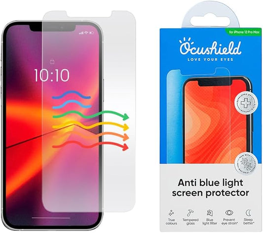 Ocushield Anti Blue Light Tempered Glass Screen Protector of iPhone 12 Pro Max (6.7") – Blocks Blue Light, Prevents Eye Strain & Helps You Sleep Better, 9H Hardness & Case Friendly
