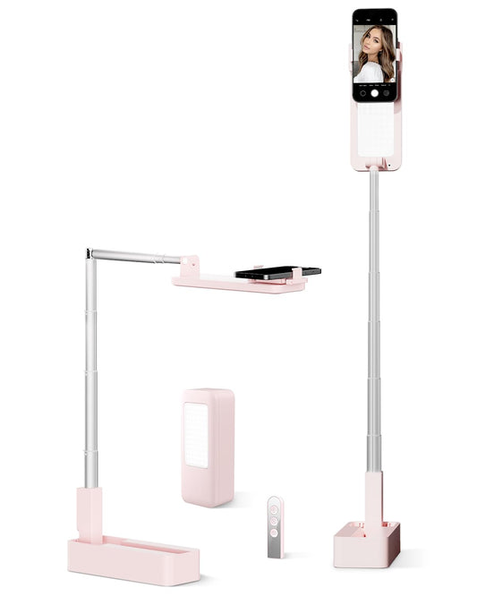 SupeDesk Phone Stand for Recording, Overhead Phone Mount with Light, Selfie Stand,Portable,Extendable,360° Rotate,Adjustable,Wireless Remote,Rechargeable, for 3.5-6.9" Phones, Live Streaming, White