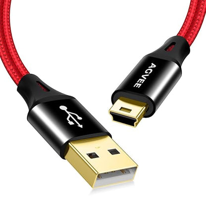 AGVEE 2 Pack 1ft Mini USB Cable, Braided Durable USB-A to Mini-B Charger Charging Cord for TI-84, Garmin GPS, Go-Pro Hero 4 3 2 HD, PS3 Controller, Canon Camera, Blue Yeti Microphone, Red