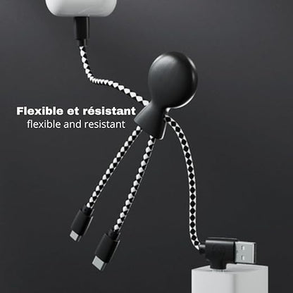 Mr Bio 4 in 1 Multi USB Cable Octopus Design Black - Universal Recycled Plastic Charger - USB Plug - USB-C - Lightning - Micro USB for Universal Smartphone