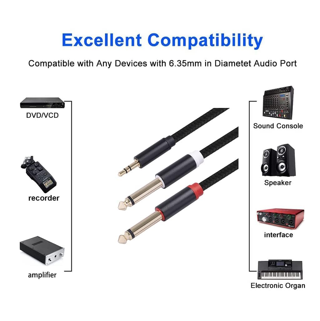 Yumiwoow 2Pack 16Ft 3.5mm TRS to Dual 6.35mm Stereo Cable 1/8 TRS to Dual 6.35mm 1/4 TS Mono Y Splitter Audio Cord Adapter for Smartphone, Mixer,PC, CD Player, Speakers and Home Stereo System