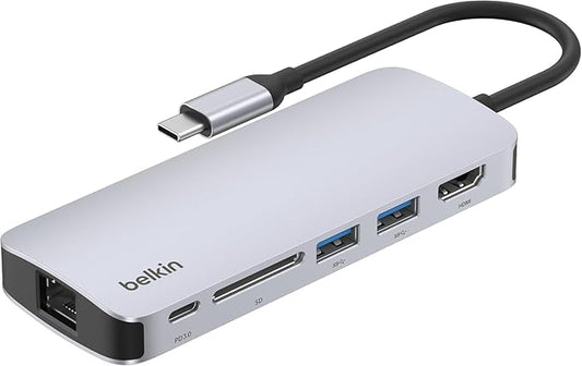 Belkin USB-C Hub - 6-in-1 Multi-Port Adapter Dock with 4K HDMI, USB-C 100W PD Pass-Through Charging, 2x USB-A Ports, Gigabit Ethernet Ports and SD Slot for Neo MacBook, Pro, Air, iPad, Pro, XPS & More