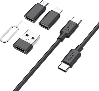 Multifunctional Data Cable Conversion Head Portable Storage Box, Multi-Type Charging Line Convertor USB Type C Adapter Tool Contains Sim Card Slot Tray Eject Pin, Phone Holder (Black)