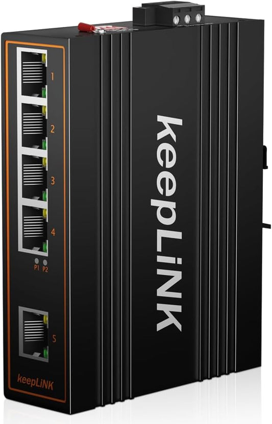 keepLiNK 5 Port Industrial PoE Switch Unmanaged, 125W Fast Ethernet Din Rail Switch, IP40, Operating Temperature Range of -30° – 75°C (-22° – 167°F)