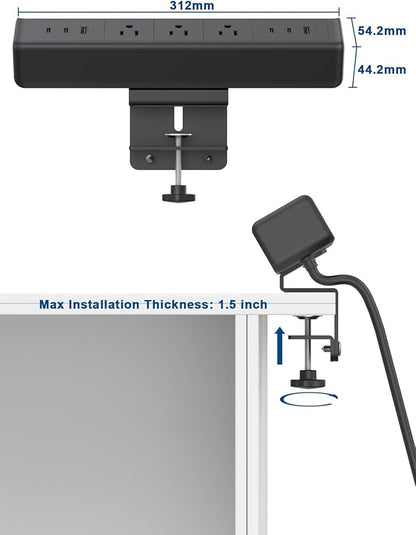 Nightstand Charging Station with 4 USB-C&2 QC 3.0 USB A Ports 3 AC Outlet, Desk Edge Mount Power Strip with USB-C Ports Tabletop Surge Protector Desk Clamp Power Strip for Home Office(Black)