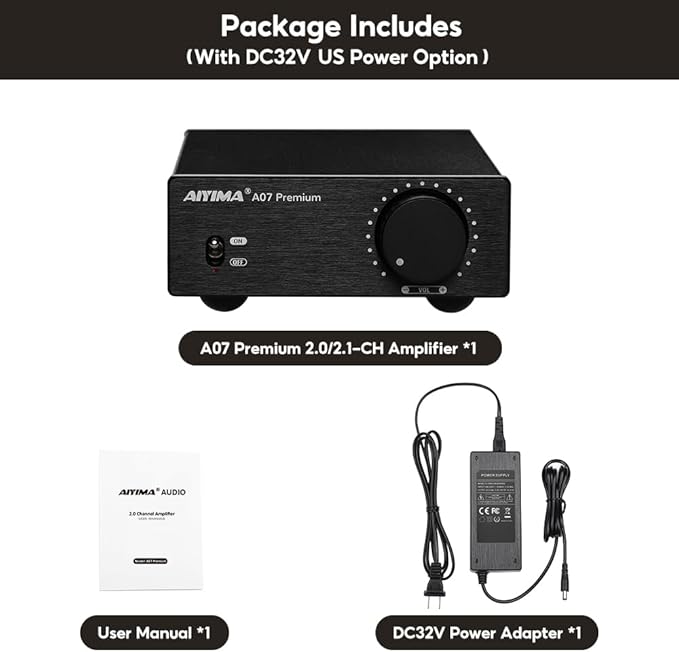 AIYIMA A07 Premium TPA3255 Power Amplifier 300Wx2 HiFi Class D Amp Mini 2 Channel Stereo Amplifier for Desktop Bookshelf Speaker Home Audio Theater System with DC 32V Power Adapter