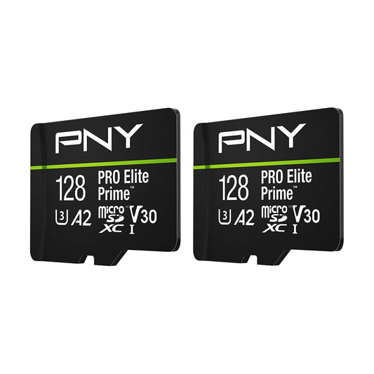 PNY 128GB PRO Elite Prime™ C10 U3 V30 A2 microSDXC Flash Memory Card – Ultra-Fast Speeds, Read 200MB/s, Write 150MB/s, 4K UHD, Full HD, UHS-I, for Smartphones, Drones, Action Cameras, 2-Pack