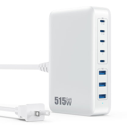 USB C Charger Block 515W[2025 Upgraded] GaN IV 8 Port Fast Charging Station Hub,Dual PD 100W USB C Laptop Charger Compatible with MacBook Pro/Air,iPad,iPhone 16/15,Galaxy S23/S24 Steam Deck Dell XPS