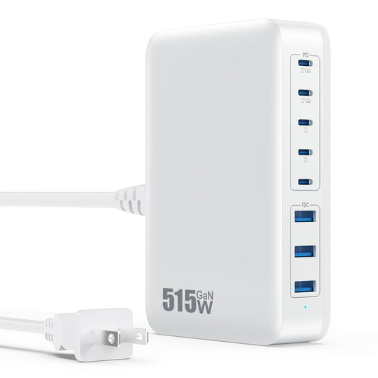 USB C Charger Block 515W[2025 Upgraded] GaN IV 8 Port Fast Charging Station Hub,Dual PD 100W USB C Laptop Charger Compatible with MacBook Pro/Air,iPad,iPhone 16/15,Galaxy S23/S24 Steam Deck Dell XPS