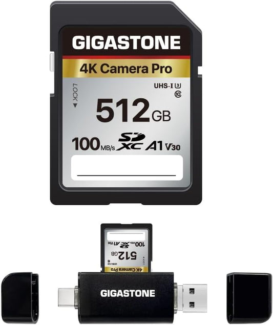 【5-Years Data Recovery】 GIGASTONE 512GB SD Card with USB Type C Card Reader, 4K Camera Pro, Speed Up to 100MB/s, UHS-I A1 V30 U3 SDXC Memory Card Compatible with Digital Camera, with 1 Mini case
