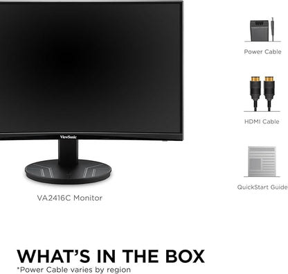ViewSonic VA2416C 24 Inch Full HD 1080p Frameless Curved Monitor with Variable Refresh Rate, Eye Care, HDMI, and DisplayPort Inputs for Home and Office