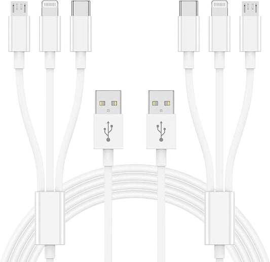Multi Charger Cable 6Ft 2Pack, 3 in 1 Charging Cord, Universal Phone Charger, Multiple Charger Wire USB-A to Lightning/USB-Type C/Micro USB Connectors for Cellphone, Tablets and More (Charging Only)