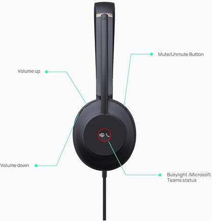 Yealink UH37 USB Headset with Microphone for PC Laptop - Headphones with Noise Cancelling Microphone for Computer,On-Ear Wired Office Call Center Headset Mono