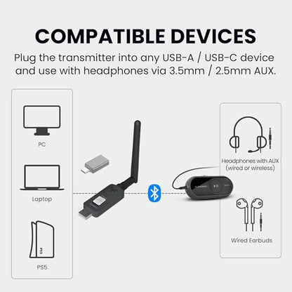 Avantree ProLink - Bluetooth 5.4 LE Audio Transmitter & Receiver Set, aptX Lite, 20 ms Ultra-Low Latency & HiFi Wireless Audio Adapter for Gaming, Calls, Music, Plug & Play for PC, PS5, Mac, Phones