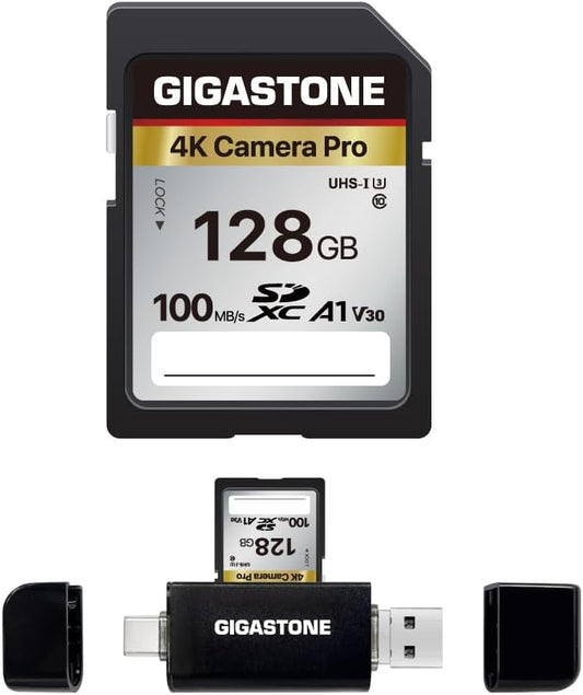 【5-Years Data Recovery】 GIGASTONE 128GB SD Card with USB Type C Card Reader, 4K Camera Pro, UHS-I A1 V30 U3 SDXC Memory Card, Speed up to 100MB/s, Compatible with Digital Camera, with 1 mini case