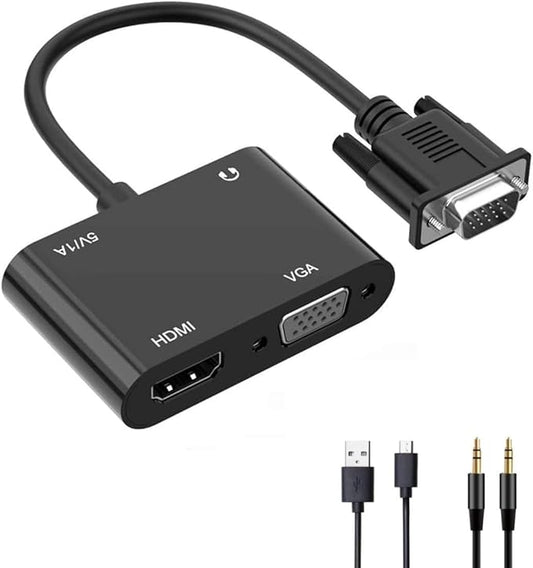 VGA to HDMI VGA Audio Video Cable Adapter Converter Splitter with 3.5mm Audio USB Power for 2 Monitors, Computer, Desktop, Laptop, PC, Projector, HDTV 1080P, Plug and Play