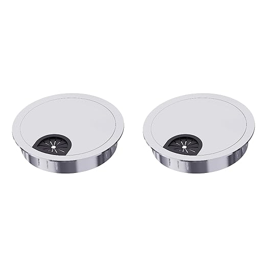 Skweawert 2 Pack Desk Grommet 2-1/8 Inch 53mm, Zinc Alloy Computer Desk Wire Hole Cover, Office Desktop Cord Cable Hole Metal Ring, Silver Tone