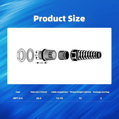 Strain Relief Cord Connector, CGELE 2 Pack NPT 3/4" Waterproof Cable Gland Cord Grip Spiral Adjustable Connector Strain Relief Cord Connectors Joints Nylon with Gaskets