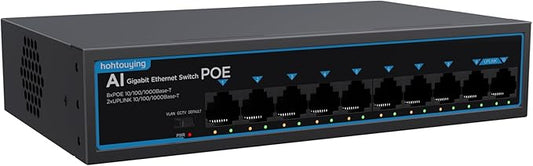 hohtouying 8 Port Gigabit PoE Switch with 2 Gigabit Uplink, 1000Mbps, 802.3af/at, 120W Built-in Power, Vlan, Unmanaged Metal Plug and Play,Ideal for NVR and Power Over Ethernet IP Cameras