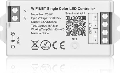 BTF-LIGHTING C01W Monochrome PWM (+V -V) 2PIN LED Strip Dim Brightness 2.4GHz Tuya WiFi Group Controller Alexa Google Home Smartphone APP Control Compatible with WR02RF RC01RFB Remote