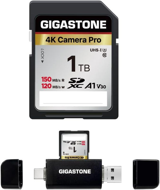 【5-Years Data Recovery】 GIGASTONE 1TB SD Card with USB Type C Card Reader, 4K Camera Pro, Speed Up to 150MB/s, UHS-I A1 V30 U3 SDXC Memory Card Compatible with Digital Camera, with 1 mini case
