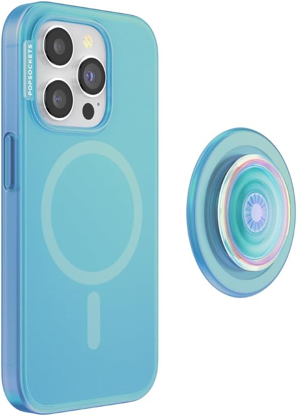 PopSockets iPhone 15 Pro Phone Case with MagSafe, Wireless Charging Compatible, Blue - Opalescent Blue