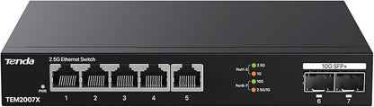 Tenda TEM2007X, 5 Port 2.5G Ethernet Switch, Unmanaged 2.5Gb Switch with 5 x 2.5G Ports & 2 x 10Gb SFP+ Slots, 50Gbps Switching Capacity, Plug & Play, Desktop/ Wall-Mount, Fanless Metal Design