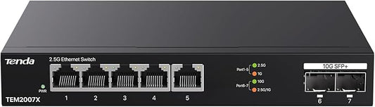 Tenda TEM2007X, 5 Port 2.5G Ethernet Switch, Unmanaged 2.5Gb Switch with 5 x 2.5G Ports & 2 x 10Gb SFP+ Slots, 50Gbps Switching Capacity, Plug & Play, Desktop/ Wall-Mount, Fanless Metal Design