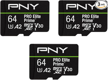 PNY 64GB PRO Elite Prime C10 U3 V30 A2 microSDXC Flash Memory Card – Ultra-Fast Speeds, Read 200MB/s, Write 110MB/s, 4K UHD, Full HD, UHS-I, for Smartphones, Drones, Action Cameras, 3-Pack