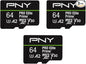 PNY 64GB PRO Elite Prime C10 U3 V30 A2 microSDXC Flash Memory Card – Ultra-Fast Speeds, Read 200MB/s, Write 110MB/s, 4K UHD, Full HD, UHS-I, for Smartphones, Drones, Action Cameras, 3-Pack