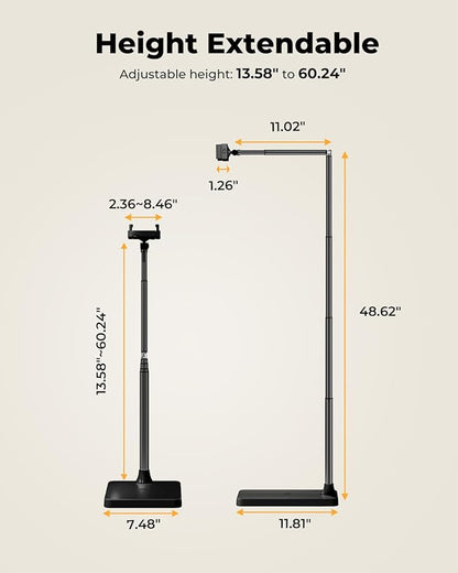 Extended Tablet Floor Stand, 360 Rotating Adjustable iPad Floor Holder with Long Flexible Arm, Compatible with 4-13" Devices, Stand for Bedside, Sofaside, Table, Desk (Black)