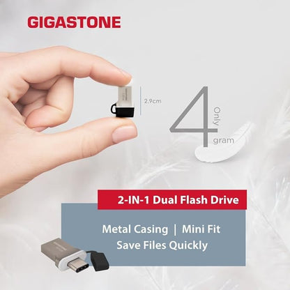 GIGASTONE 256GB Nano Luxus Dual Drive, Z50 USB 3.2 Gen 1, 2-in-1 USB-A & Type-C, 100MB/s Ultra Fast, Cap Design, Metal, Plug & Play for Smartphone/PC/Mac/TV/Car, 2.0/3.0/3.1 Compatible