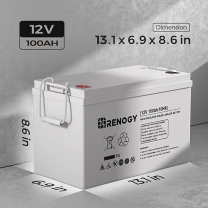 Renogy Deep Cycle AGM 12 Volt 100Ah Battery, 3% Self-Discharge Rate, 1100A Max Discharge Current, Safe Charge Appliances for RV, Camping, Cabin, Marine and Off-Grid System, Maintenance-Free