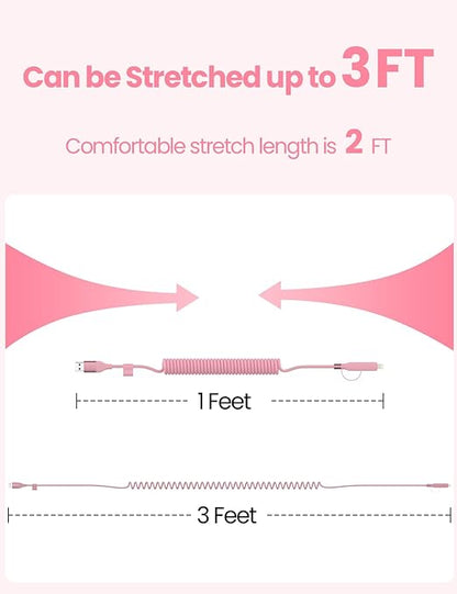 Coiled USB-C and Lightning Cable 2-in-1, 3FT Pink iPhone 15 16 Car Charger Cord, 60W Fast Charging Cable for iPhone 17, Samsung Galaxy, Cute Pink Car Accessories Supports Apple CarPlay & Android Auto