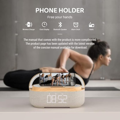 Bluetooth Speaker Alarm Clock with Wireless Charger, FM Radio, Adjustable LED Night Light, 6 in 1 Bedroom Portable Speaker 2500mAh, Phone Stand for Bedside, Home, Office, Gift