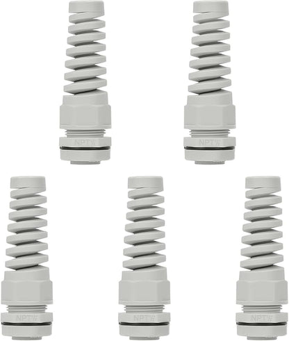 LeMotech 5Pcs NPT 1/2" IP68 Waterproof Cable Gland Flex Spiral Strain Relief Grey Nylon Joint with Gaskets for 6-12mm Wire Thread