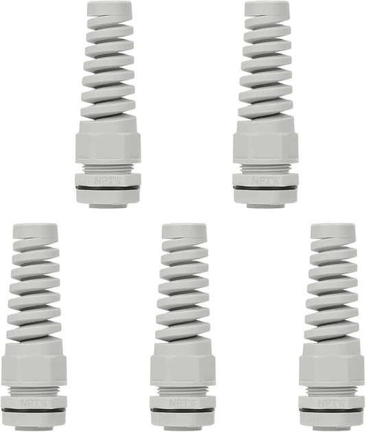 LeMotech 5Pcs NPT 1/2" IP68 Waterproof Cable Gland Flex Spiral Strain Relief Grey Nylon Joint with Gaskets for 6-12mm Wire Thread