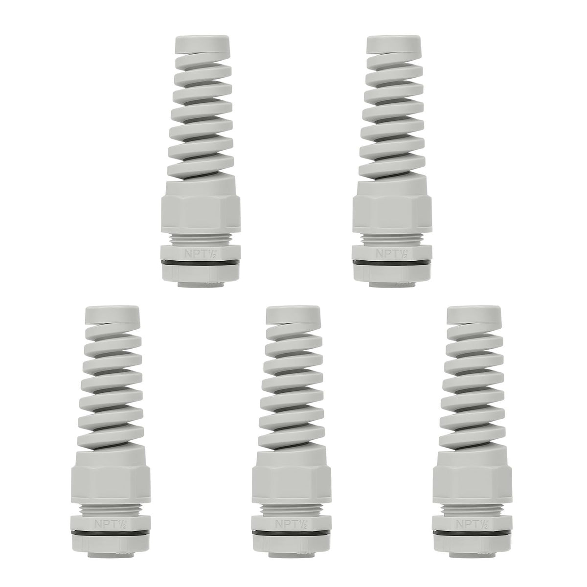 LeMotech 5Pcs NPT 1/2" IP68 Waterproof Cable Gland Flex Spiral Strain Relief Black Nylon Joint with Gaskets for 6-12mm Wire Thread