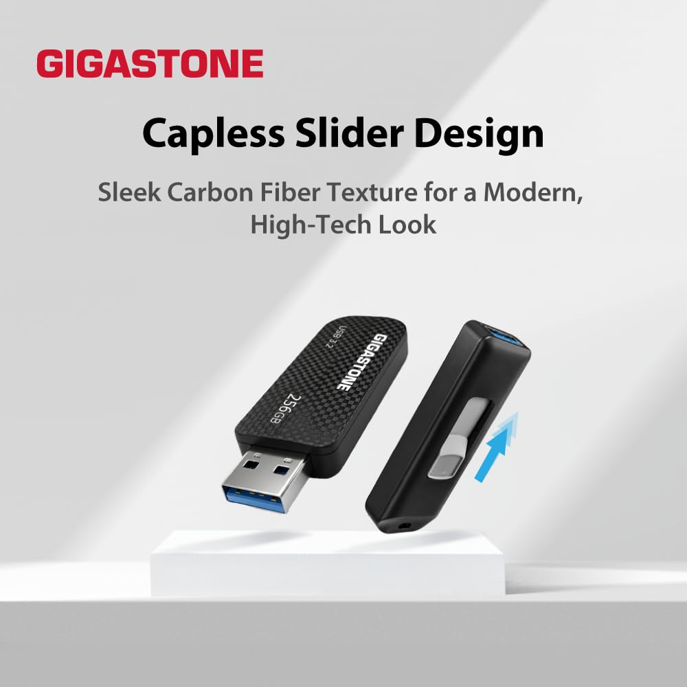 GIGASTONE 256GB USB 3.2 Flash Drive, 100MB/s High-Speed Data Transfer, Carbon Fiber Design, Retractable