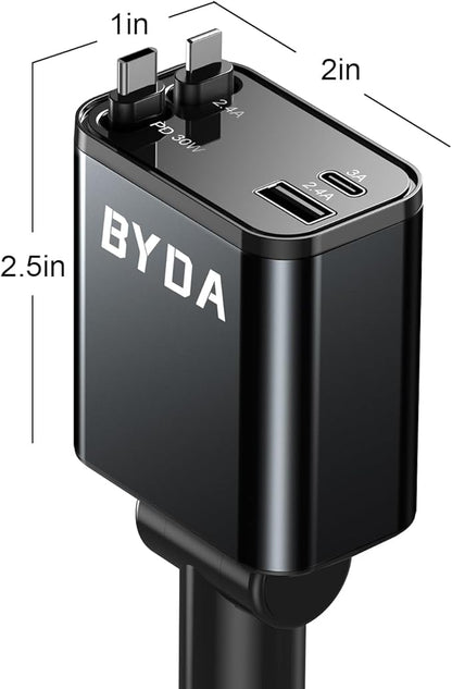 Retractable Car Charger, 4 in 1 Fast Charging USB-C & USB-A Compatible with iPhone 16/15/14/13/12/11 Pro Max, 69W Fast Car-Charger Cigarette Lighter Adapter for Galaxy, Pixel (Light-ning+USB-C) Black